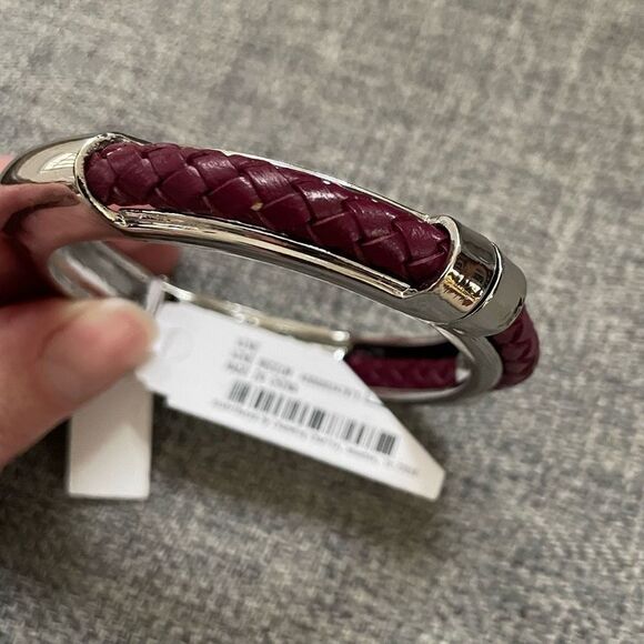 NWT Charming Charlie Wine Braided Leather Silver Tone Hinged Cuff M - Picture 1 of 6